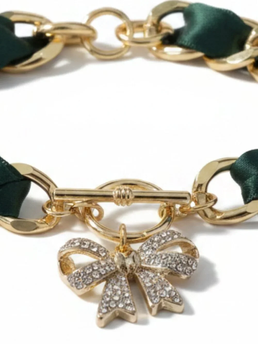 Francesca's Emerald Green Satin Ribbon Gold Chain Rhinestone Bow Bracelet NEW‎